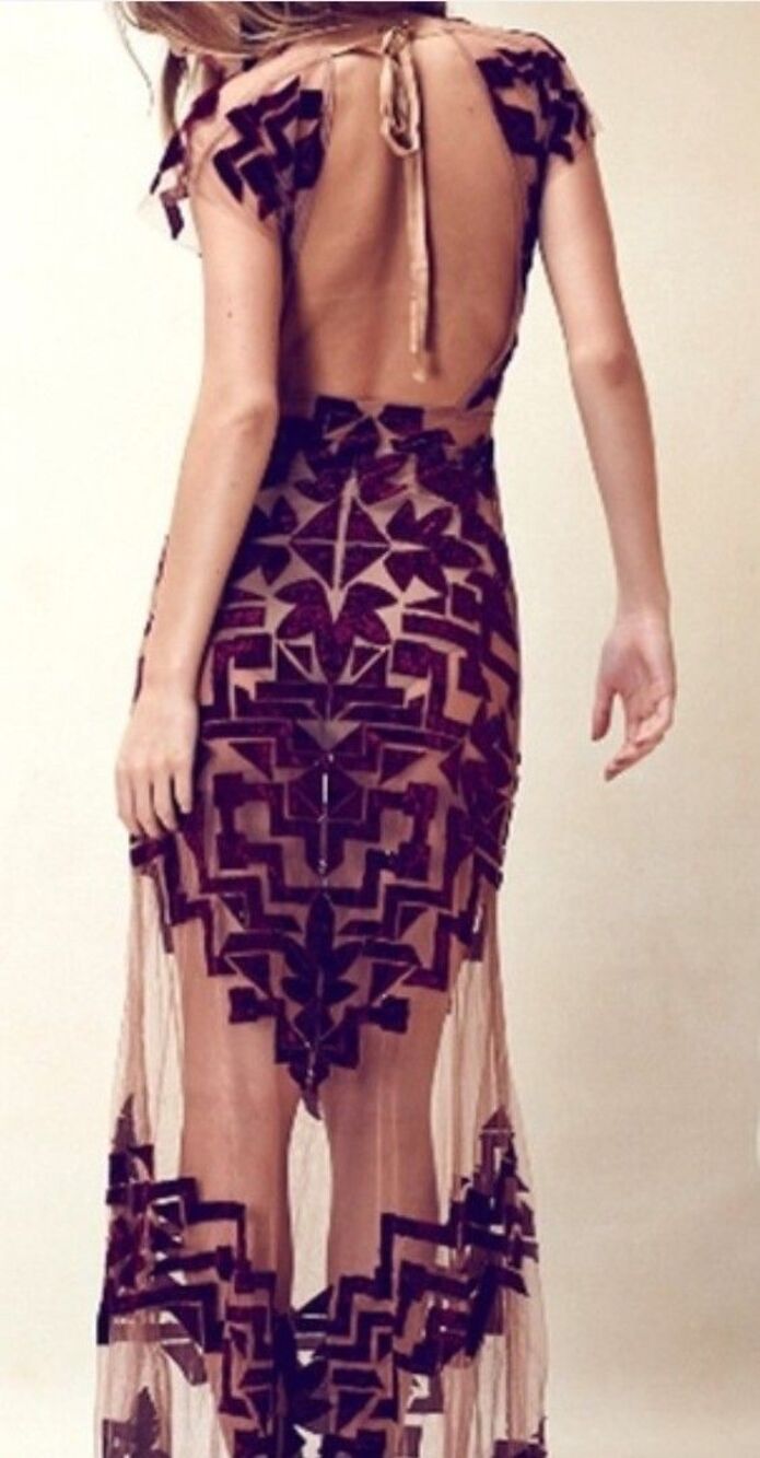 For Love & Lemons Vienna Maxi Dress SMALL Velvet Sheer Mesh Net Blue Open Back * - Picture 2 of 16